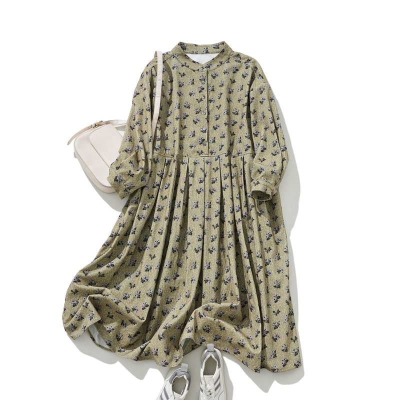 复古花漾灯芯绒连衣裙 纯棉舒适  自然文艺 温柔优雅 250206-1 - 洋装/连衣裙 - 棉．麻 