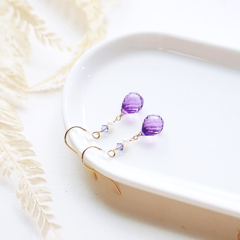 钻切胖胖紫水晶 - 耳环/耳夹 - 水晶 紫色