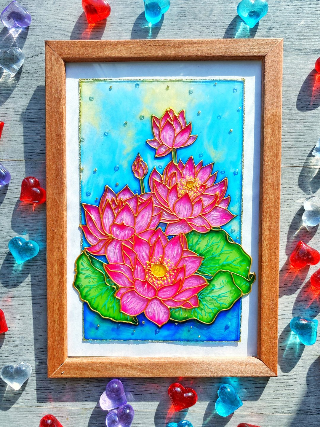 彩色玻璃画粉红色荷花 25x17.5 厘米墙上挂着原始装饰 - 墙贴/壁贴 - 玻璃 粉红色