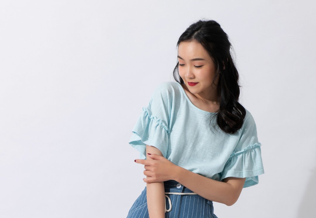 波光粼粼荷叶袖口上衣 Lotus leaf edge short sleeve Tee - 女装 T 恤 - 棉．麻 蓝色