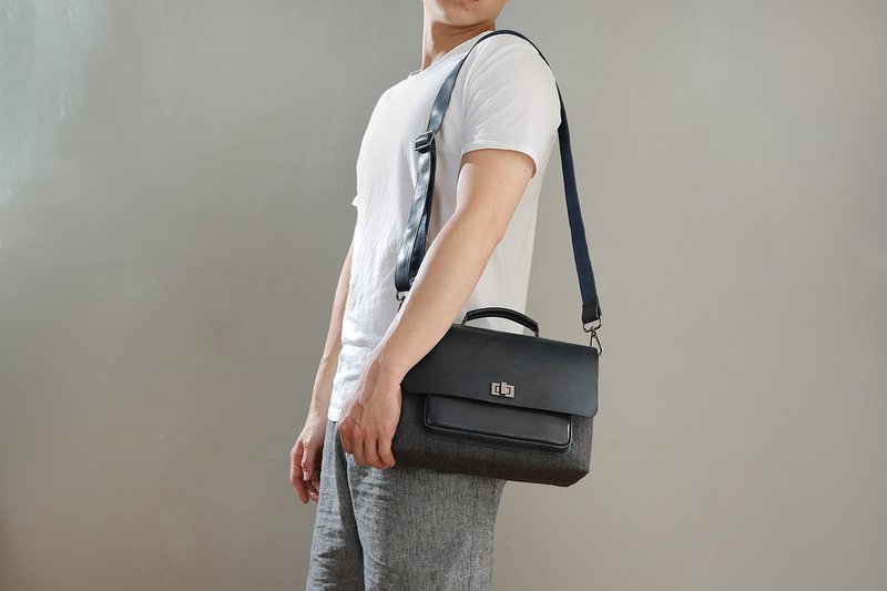 手工掀盖皮革牛仔布侧背包-藏青 | 深蓝色 |  打样商品有些微刮痕 - 侧背包/斜挎包 - 真皮 蓝色