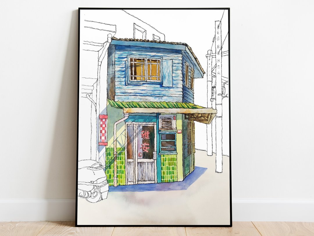 台湾街屋-宜兰木屋理发店-数位微喷怀旧海报 - 摆饰 - 纸 蓝色