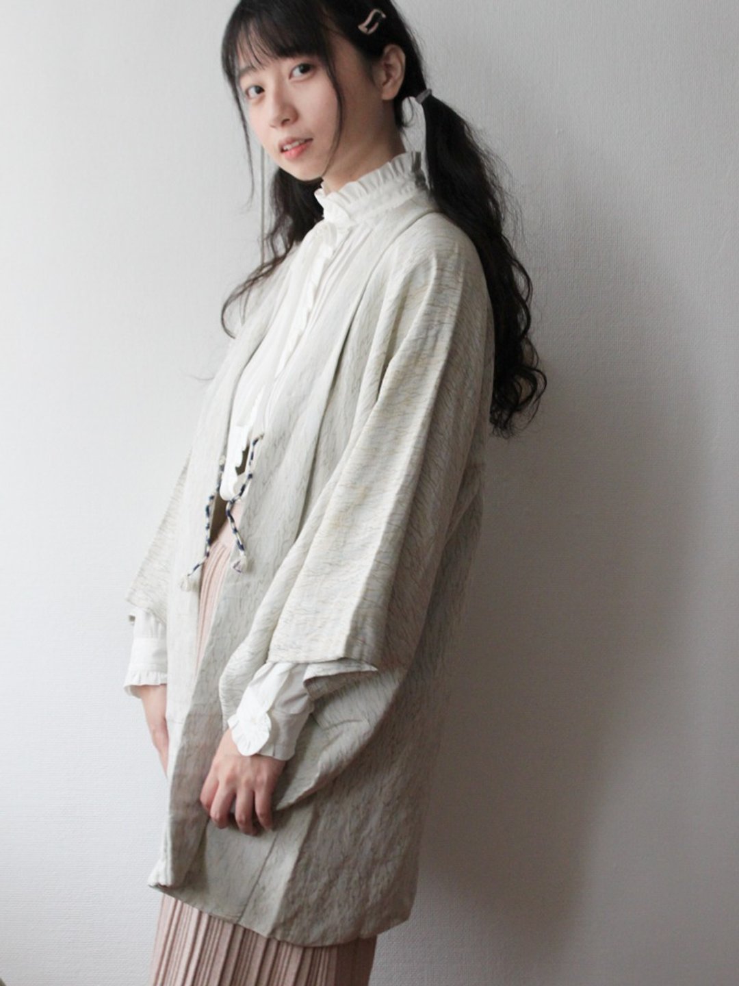 冬日本制复古和风印花纹理布灰白绿色古着羽织和服外套-瑕疵特 - 女装休闲/机能外套 - 聚酯纤维 灰色
