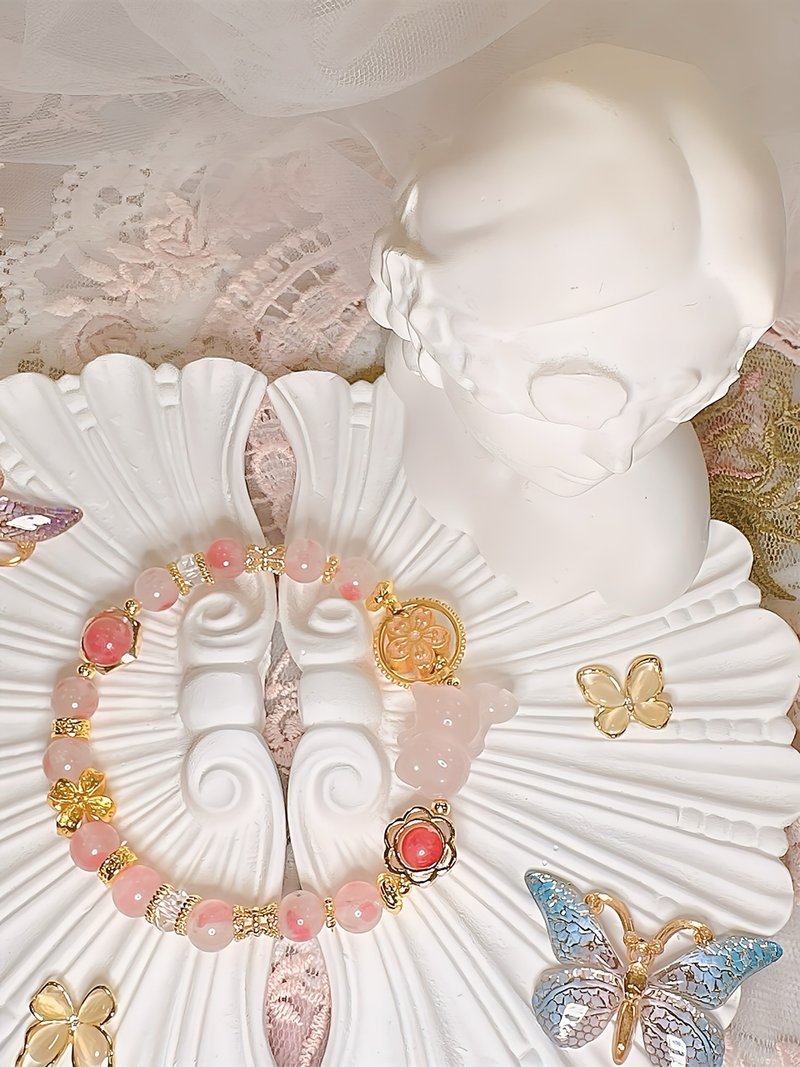 樱花雨蔷薇辉 白水晶 红纹石 14k 18k 沙金花隔珠 单圈 小熊款 - 手链/手环 - 水晶 粉红色