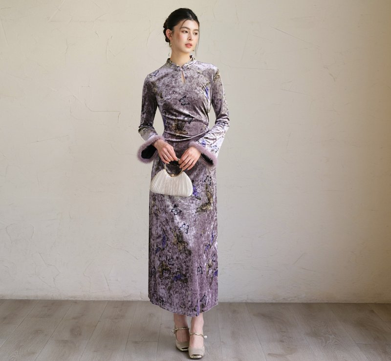 【水貂毛】新中式复古中国风 修身丝绒改良旗袍 - 旗袍 - 其他材质 紫色