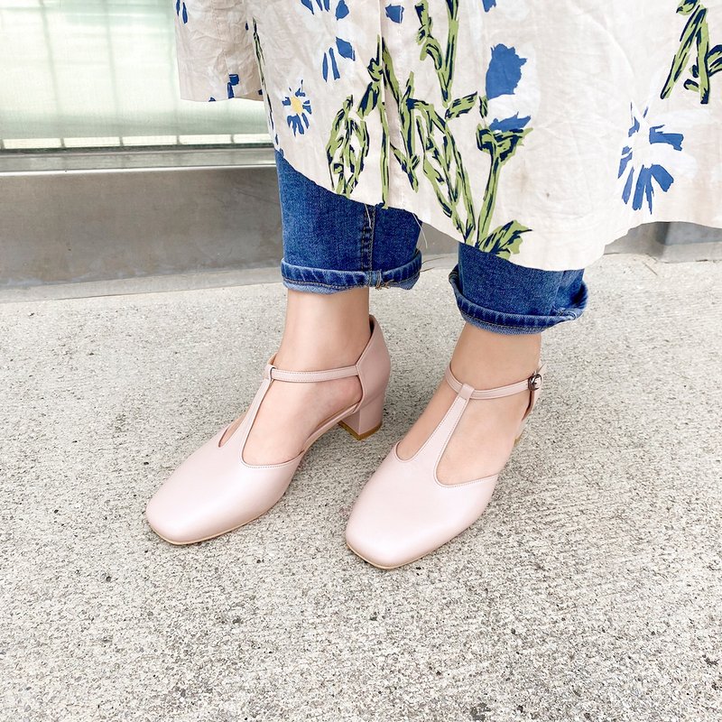 玛莉珍变奏曲! T字系带中跟鞋 粉 全真皮 MIT -粉玫瑰 - 高跟鞋 - 真皮 粉红色