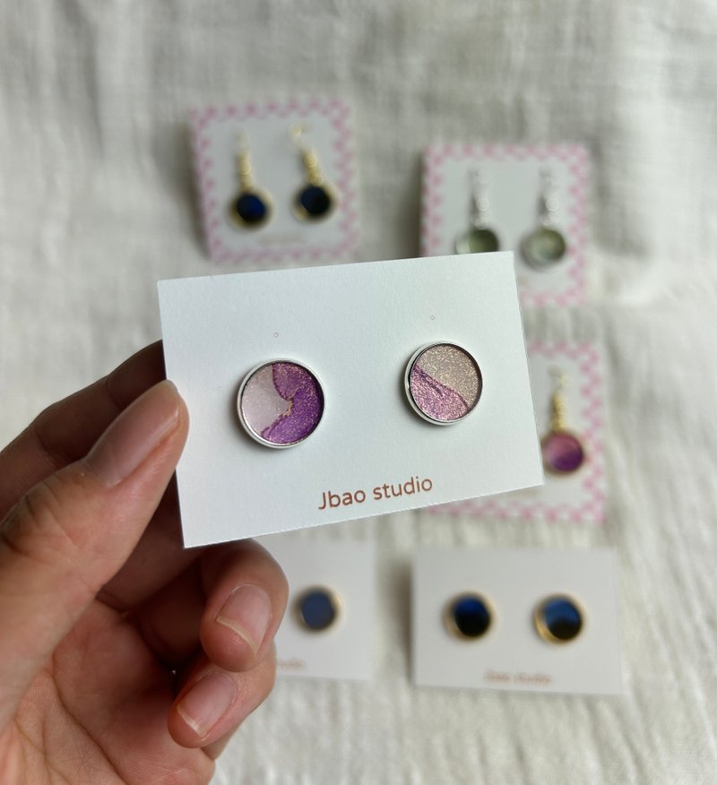 粉色紫色 圆形 手绘 耳针式 耳环 - 耳环/耳夹 - 铜/黄铜 紫色