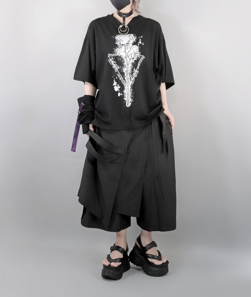 V领超大印花T恤玫瑰玫瑰图案日本哥特摇滚DT2713 - 女装上衣 - 其他材质 黑色