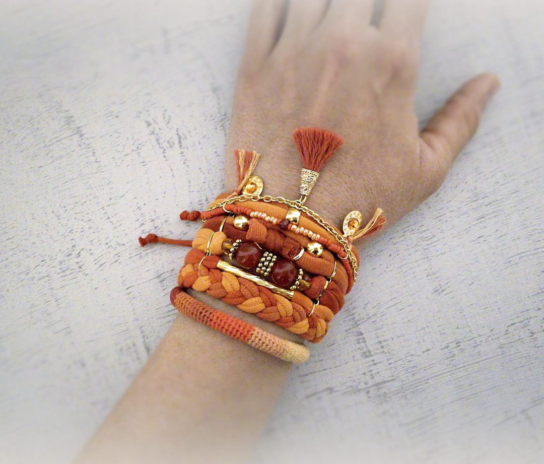 Multi Layer Fiery Orange Boho Bohemian Gypsy Tassel Bracelet Set - 手链/手环 - 棉 橘色