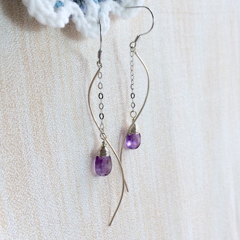 925银水波线紫水晶耳环 水滴扁型切面款 简约气质 Miss Flora|【紫微垣系列】 - 耳环/耳夹 - 宝石 