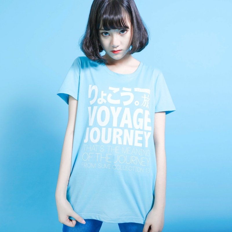 Travel 旅行语言T-shirt_宽版_6SF003_天空蓝/白 - 女装 T 恤 - 棉．麻 蓝色