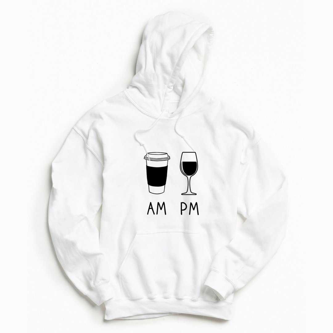 COFFEE AM WINE PM 前面图案 帽T 中性版 白色 刷毛 咖啡 酒 礼物 - 男装上衣/T 恤 - 棉 白色