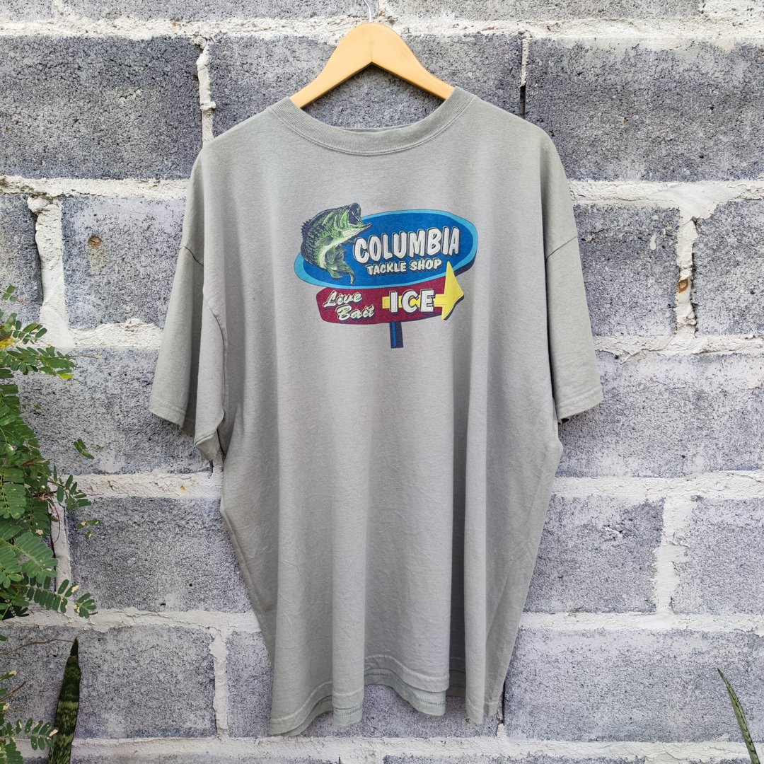 90年代复古 Columbia Blue Tackle Shop 钓饵鱼 T恤 - 男装上衣/T 恤 - 棉 卡其色