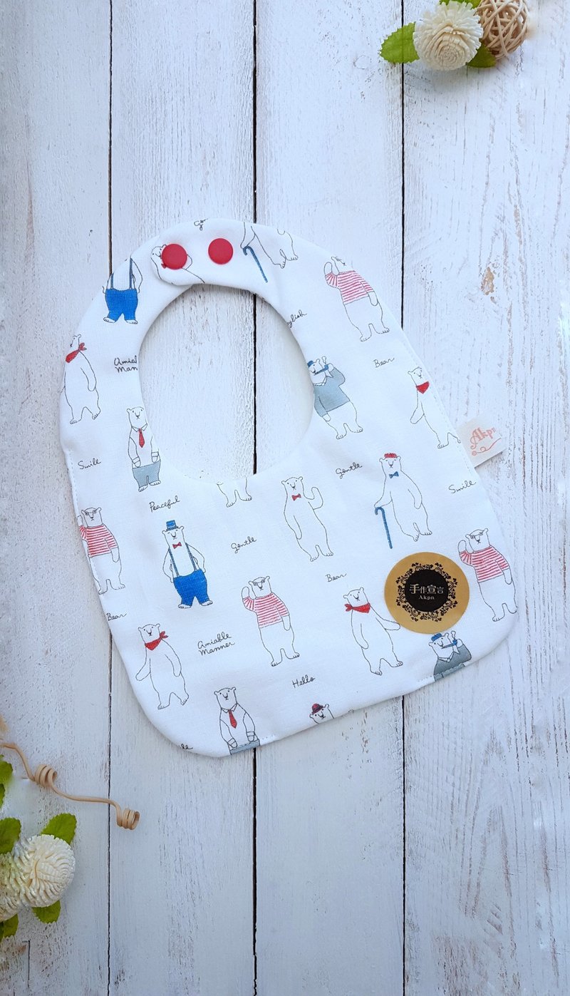 绅士熊-白-八重纱100%cotton双面围兜口水巾 - 围嘴/口水巾 - 棉．麻 白色