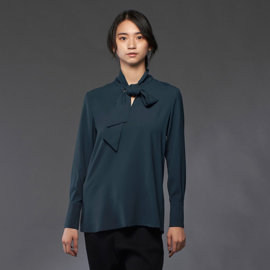 碧绿色高领绑带衬衫-日本制布料 - 女装衬衫 - 聚酯纤维 绿色