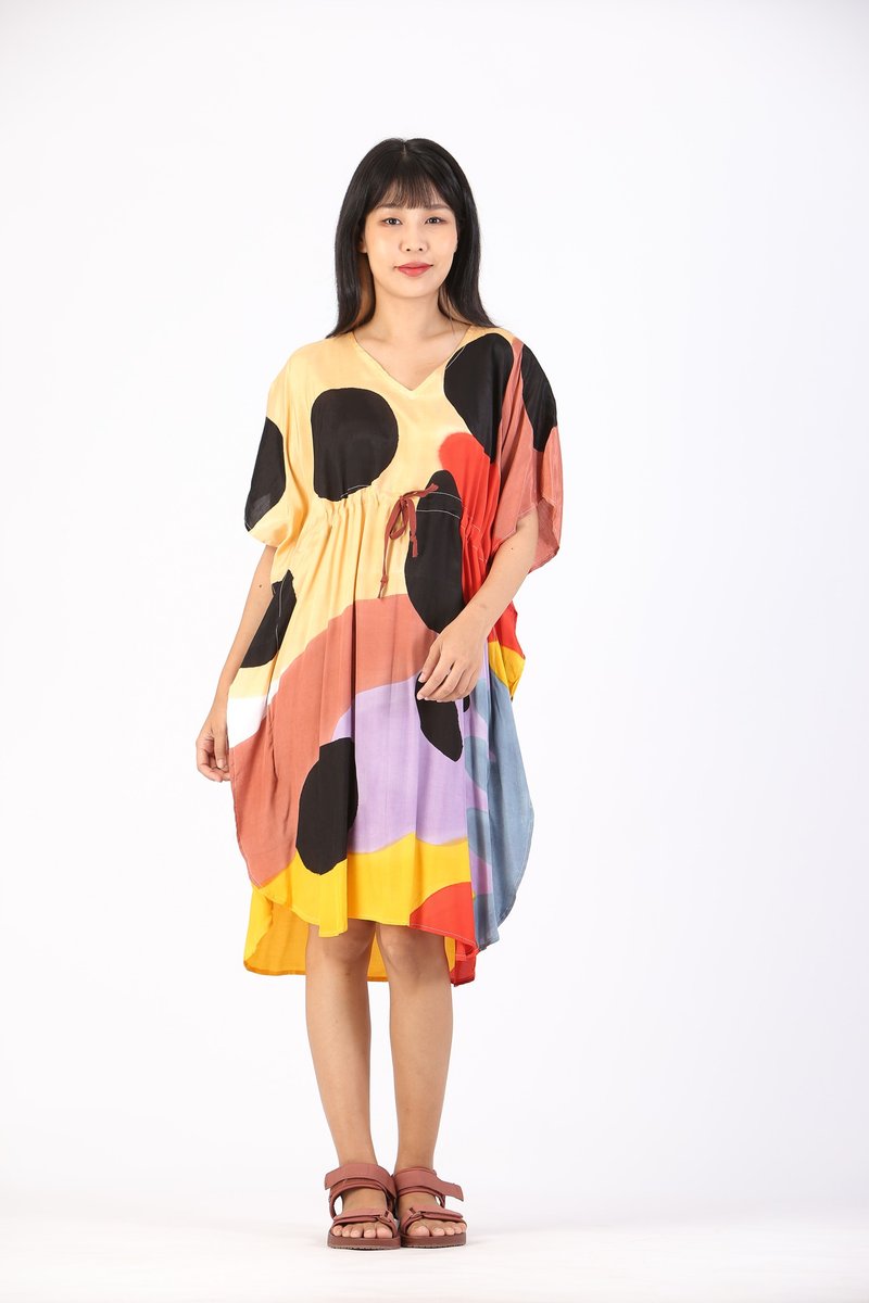 Kaftan Waist Jump Cotton Rayon Hand paint For Summer Beach - 洋装/连衣裙 - 棉．麻 黄色