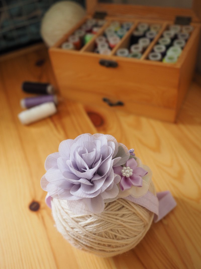 粉紫色雪纺小布花婴儿/小童弹性发带 - 婴儿帽/发带 - 棉．麻 紫色