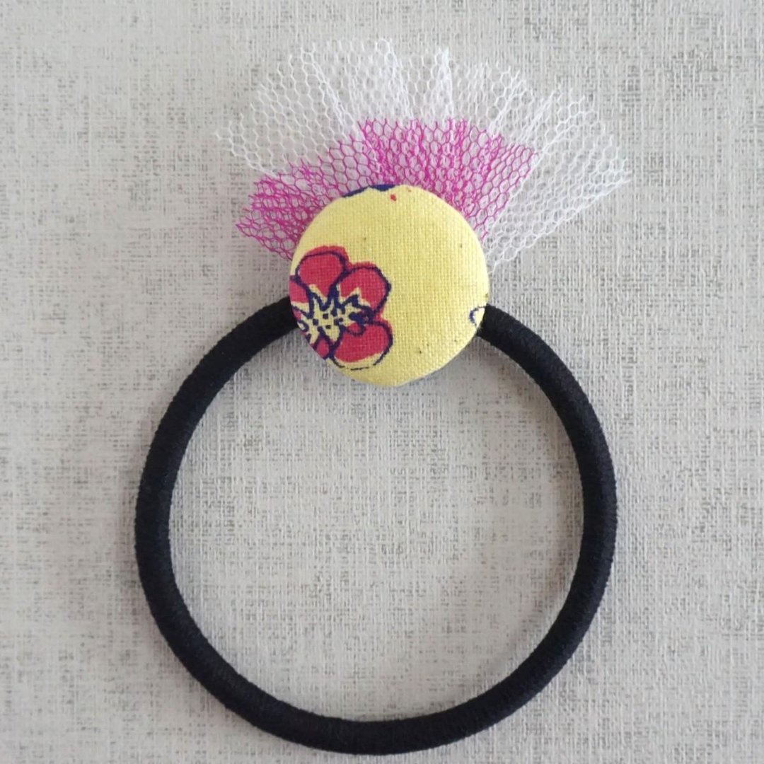 Hand-printed original walnut button Hair elastic flower 1 - 发饰 - 棉 黄色
