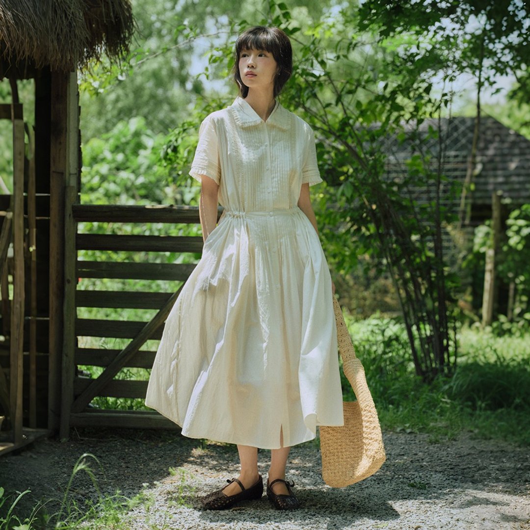 米色翻领系带连衣裙|洋装|夏款|Sora-1830 - 洋装/连衣裙 - 棉 