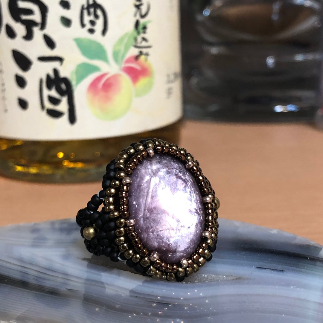 紫锂云母 古典复古风格 串珠戒指 - 戒指 - 水晶 黑色
