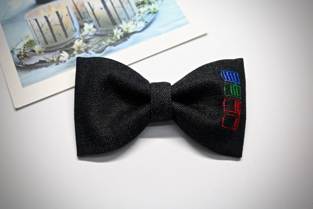 牛仔布電量刺繡領結/雅痞百搭蝴蝶結 - 领带/领带夹 - 棉 黑色