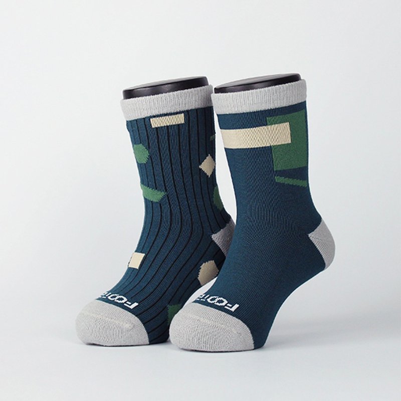 【FOOTER】几何拼接不对称袜(童-K227) - 袜子 - 棉．麻 多色