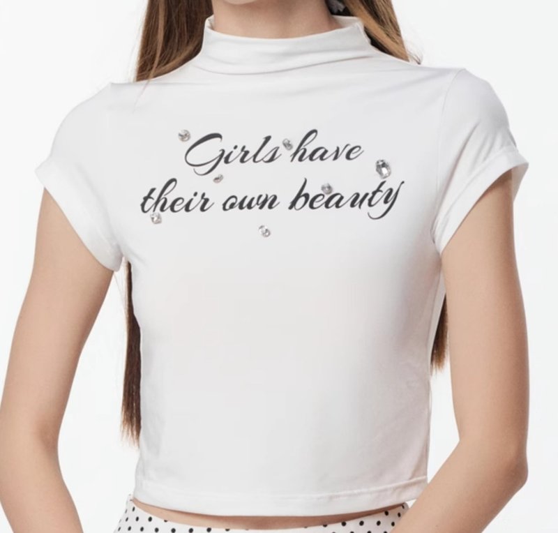 甜辣风 碎钻字母白色印花短袖t恤紧身上衣 - 女装上衣 - 其他材质 白色