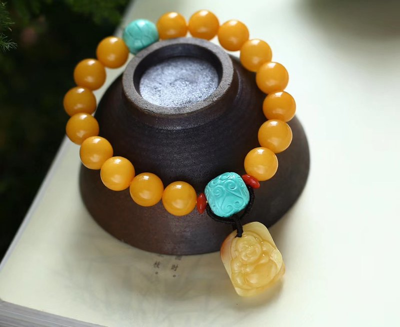 【福利价】收藏级天然蜜蜡满蜜鸡油黄手链点缀蜜蜡弥勒佛笑口常开 - 手链/手环 - 宝石 