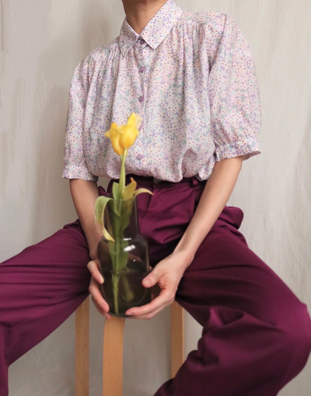 印象派粉彩紫公主袖碎花排扣丝棉微透衬衫 剩 M - 女装衬衫 - 棉．麻 