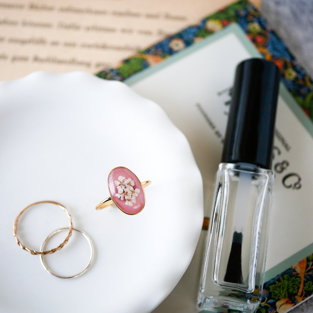 Pressed flower ring/size 10 free size ring/old pink - 戒指 - 树脂 粉红色