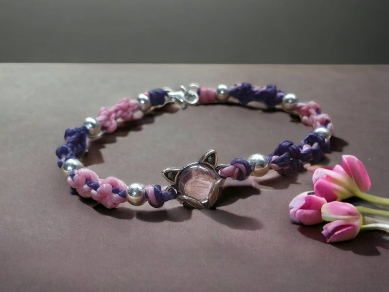 招人缘 桃花 粉水晶狐狸 925纯银开运绳订制 - 手链/手环 - 纯银 