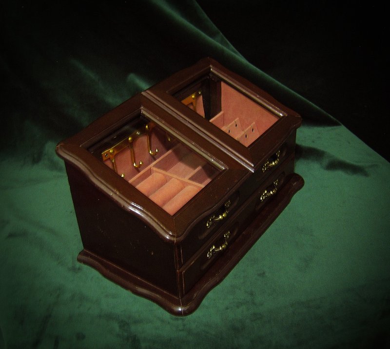 实木玻璃斜面对开式珠宝展示柜  饰品收纳盒  首饰盒  置物柜 - 收纳用品 - 木头 咖啡色