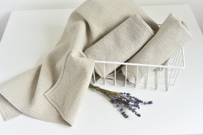 Natural linen towels, Kitchen dish towel sets, Waffle dish cloths - 毛巾浴巾 - 环保材料 灰色