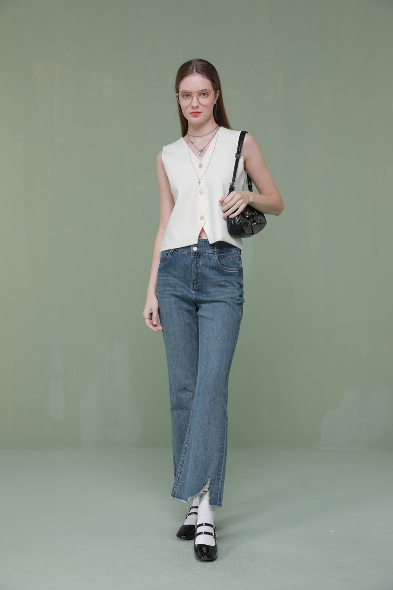 春秋重工复古微喇牛仔裤靛蓝棉质下摆开叉拉毛牛仔不完美腿型福音 - 女装长裤 - 其他材质 蓝色