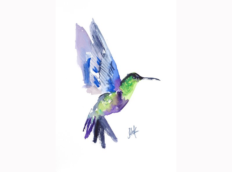 Hummingbird Painting Abstract Bird Watercolor Tiny Bird Original Wall Art Small - 海报/装饰画/版画 - 其他材质 蓝色