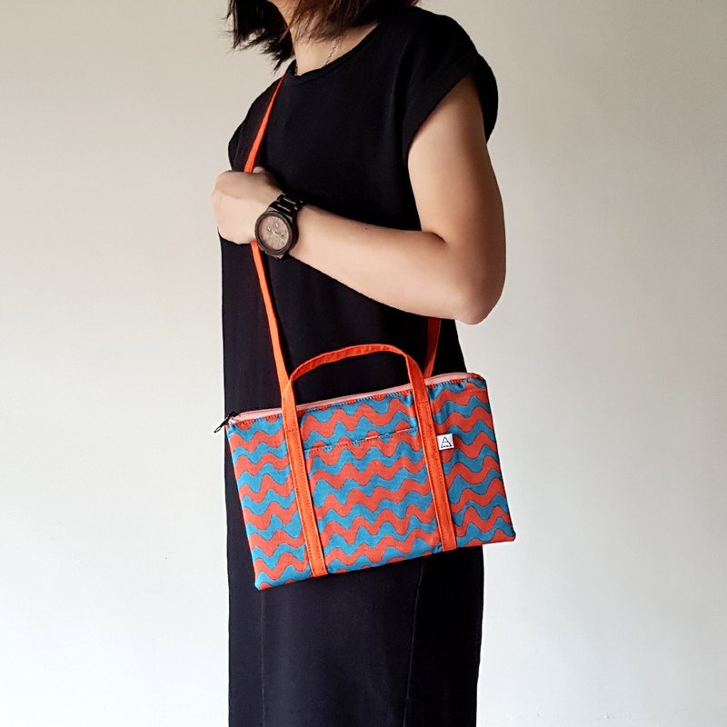 【Off-season sale】几何波浪侧背/斜背小外出包/橘 - 侧背包/斜挎包 - 棉．麻 