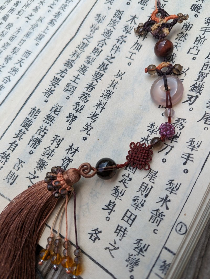 中國結流蘇古典吊坠压襟团扇挂饰包包挂坠汉服配饰天然红虎眼石 - 吊饰 - 半宝石 卡其色