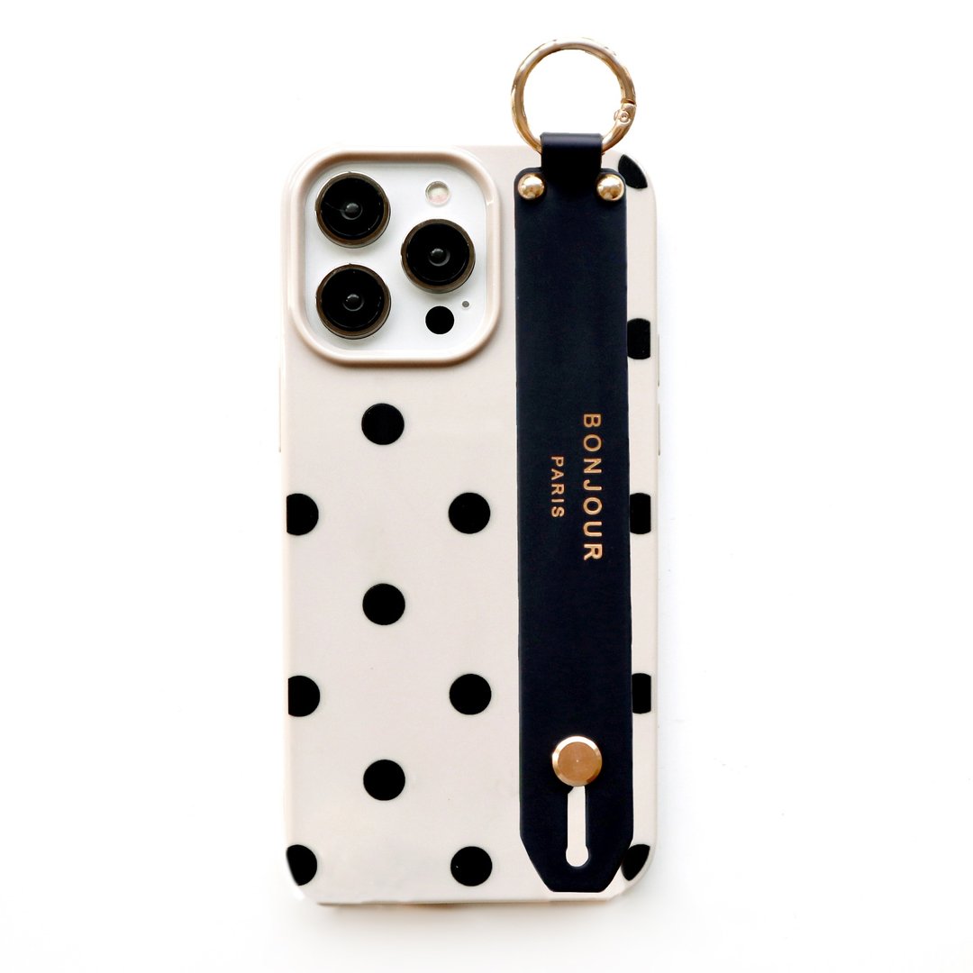 【法式简约/东京限定】iPhone 16/15/14 巴黎奶茶黑点手带/背带手 - 手机壳/手机套 - 塑料 黑色