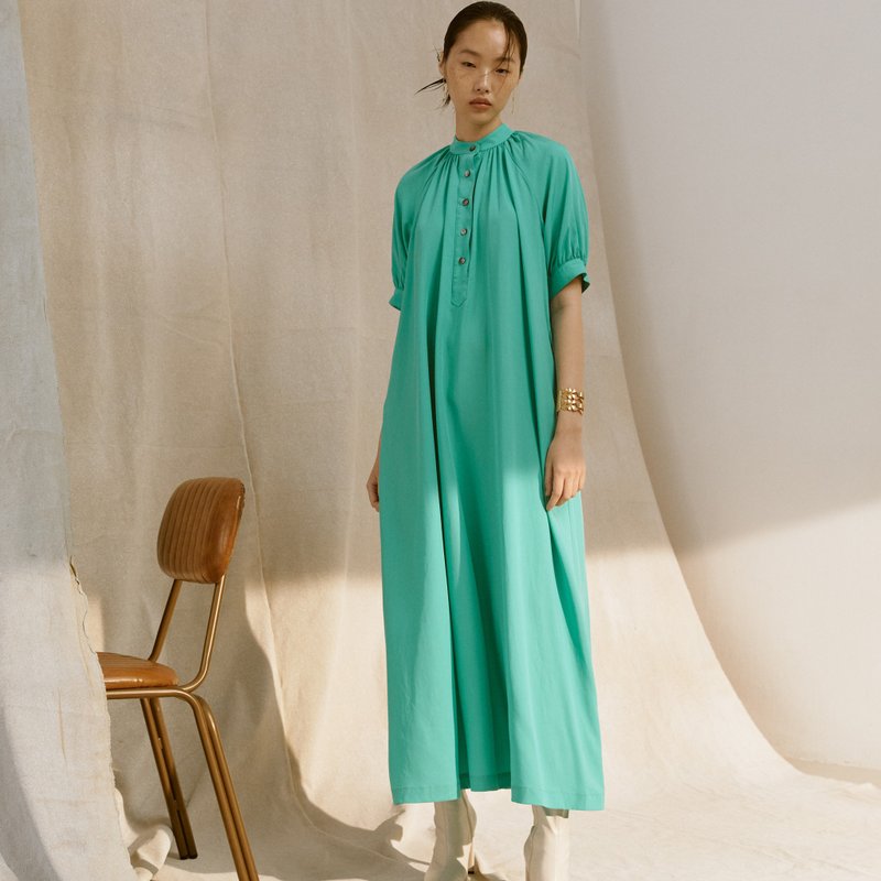 细皱褶澎袖开襟长洋装  /孔雀绿 - 洋装/连衣裙 - 其他材质 绿色