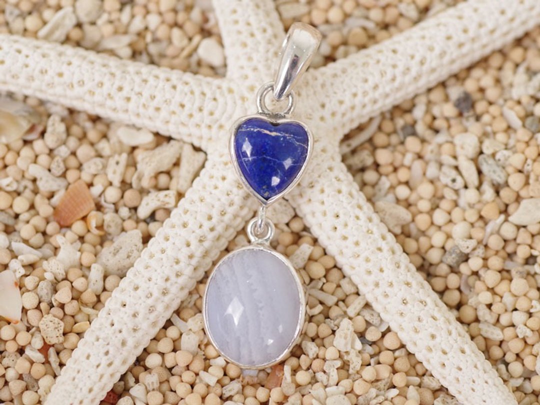 Heart lapis lazuli and blue lace agate pendant top - 项链 - 石头 蓝色