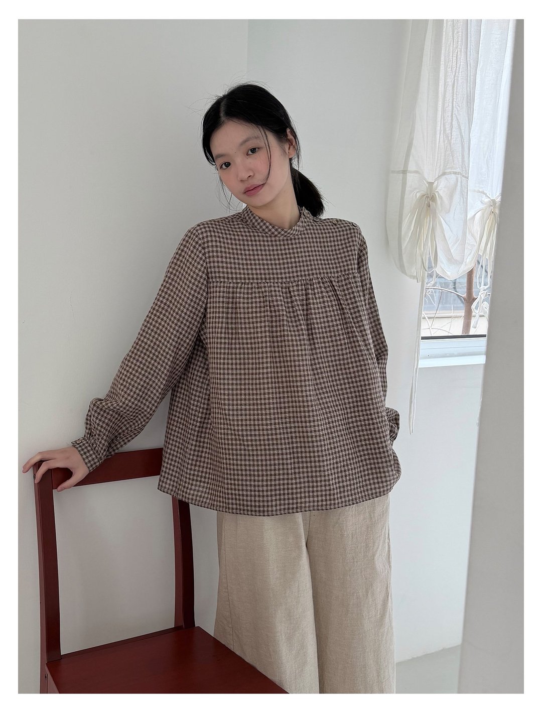 棉麻色织小小格子减龄A型衬衫 - 女装上衣 - 棉 黑色