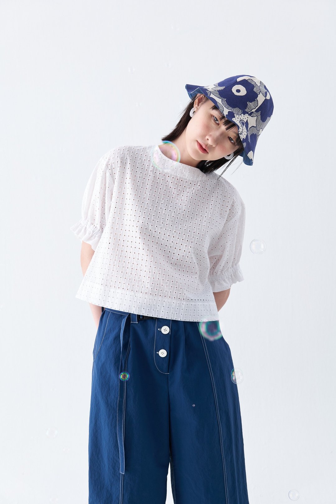 棉蕾丝澎袖短上衣 - 女装上衣 - 棉 白色