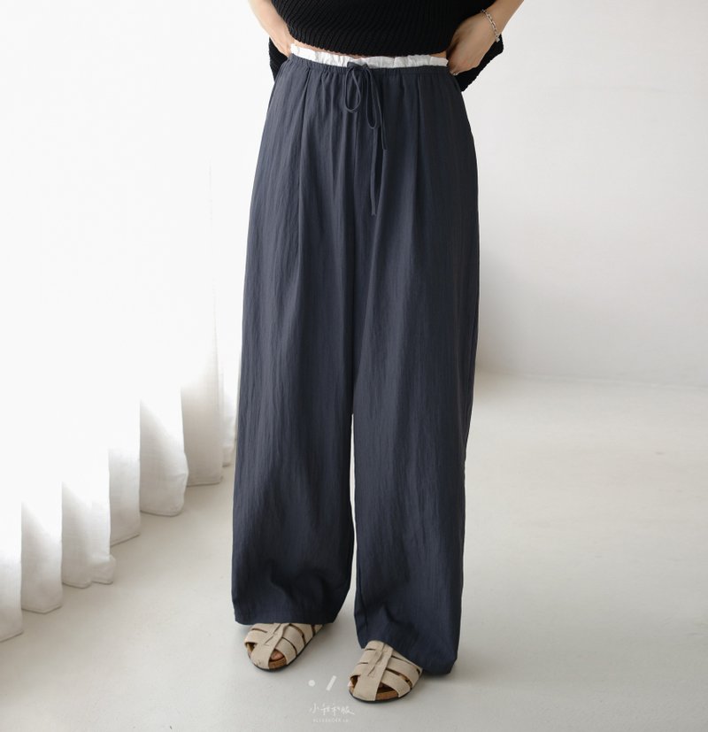 小白腰随性落地薄凉裤 - 2色 - 深蓝白边 - 女装长裤 - 尼龙 蓝色