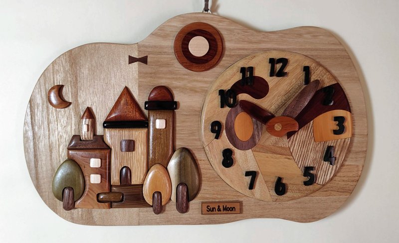 时钟太阳和月亮 - 时钟/闹钟 - 木头 咖啡色
