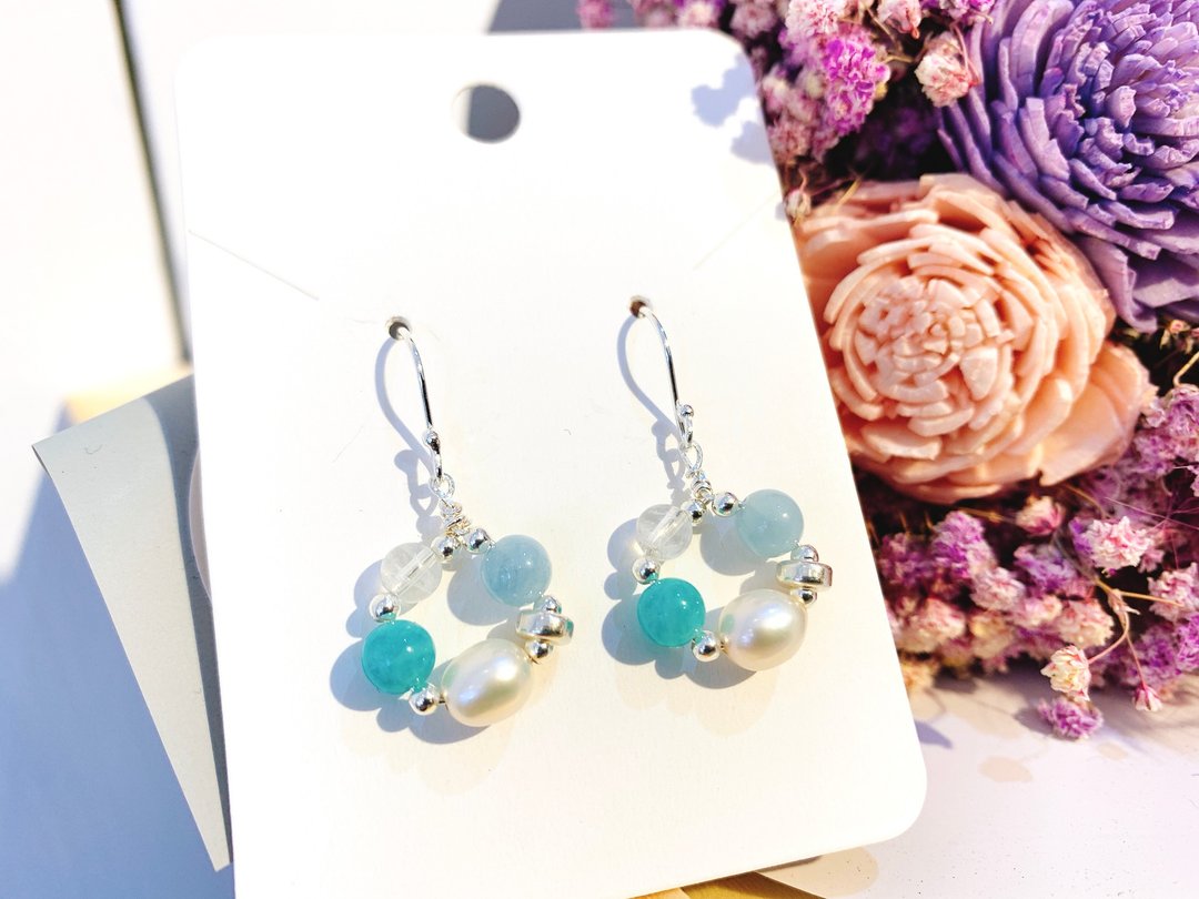 Ops Pearl earrings-珍珠/ 银/海水蓝宝/月光石/天河石/耳环/气质 - 耳环/耳夹 - 宝石 蓝色
