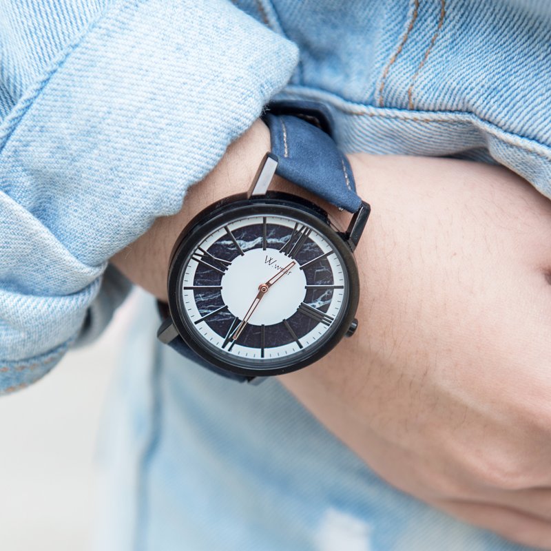 黑大理石面双层面罗马字钉穿搭手表 - 黑面蓝麂皮表带 - 男表/中性表 - 玻璃 黑色