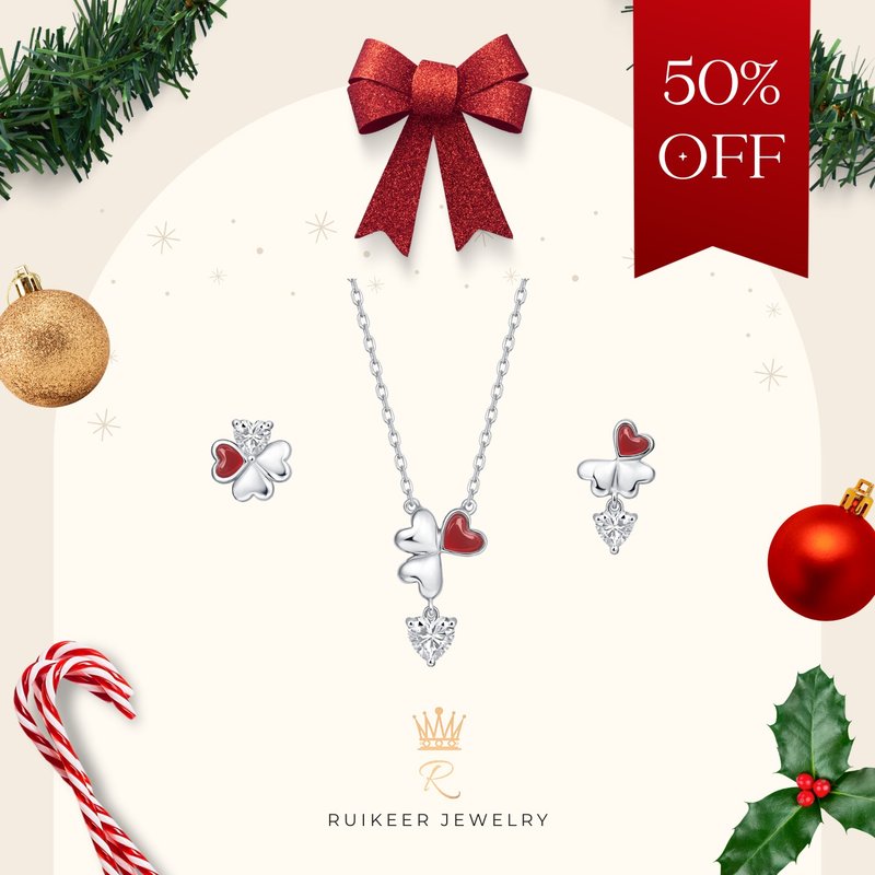 【圣诞限量半价套组】925纯银天然红玛瑙四叶草爱心项链耳环套组 - 项链 - 纯银 红色