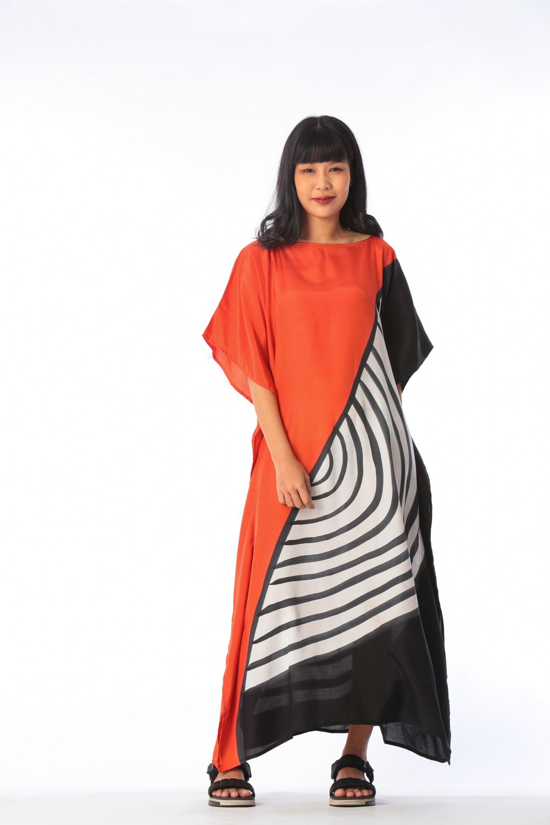 Hand Painted Cotton Silk Kaftan for Summer Resort Vacation F - 洋装/连衣裙 - 棉 红色