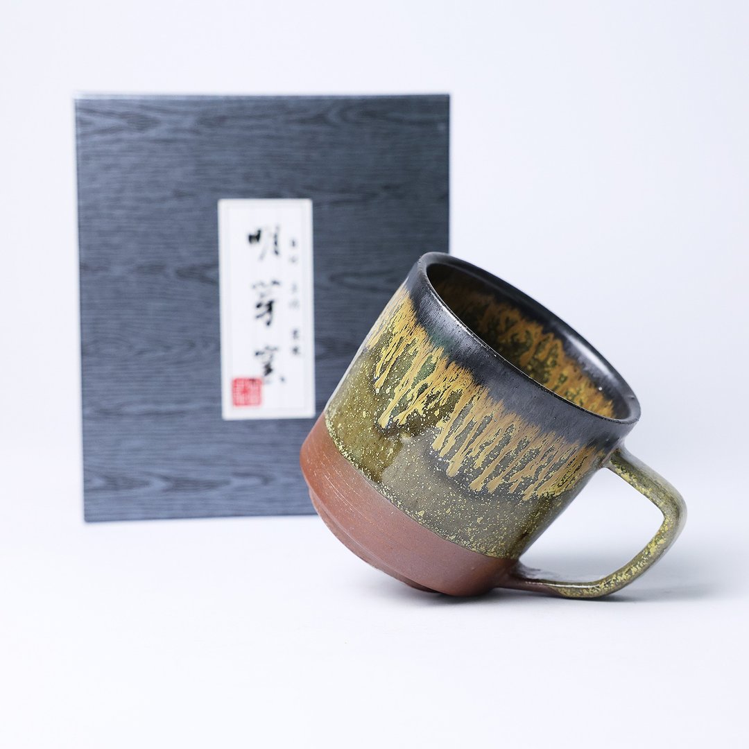 明芽窑 | 静见暮雪 黄 绿 把杯 流釉 手作陶杯 咖啡杯礼盒 H12 - 咖啡杯/马克杯 - 陶 黄色