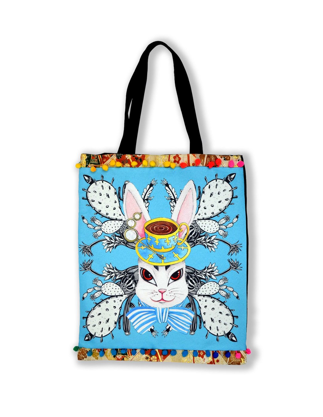 双面购物袋 TOTE BAG 兔子伯爵印花 日本和服织锦缀彩色小球花边 - 侧背包/斜挎包 - 棉 